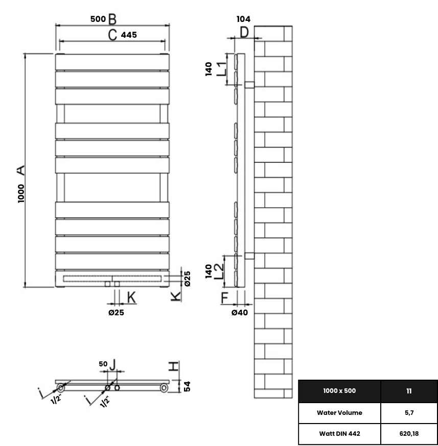 Equa 1000x500 mm Vertikal Einlagig Flach Stahl Weiß Paneelheizkörper