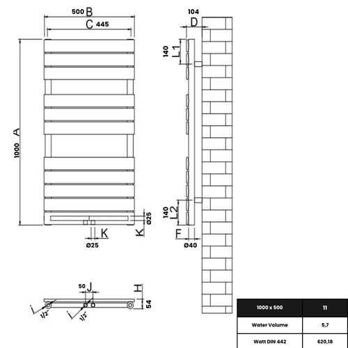 Equa 1000x500 mm Vertikal Einlagig Flach Stahl Weiß Paneelheizkörper - Görsel 3