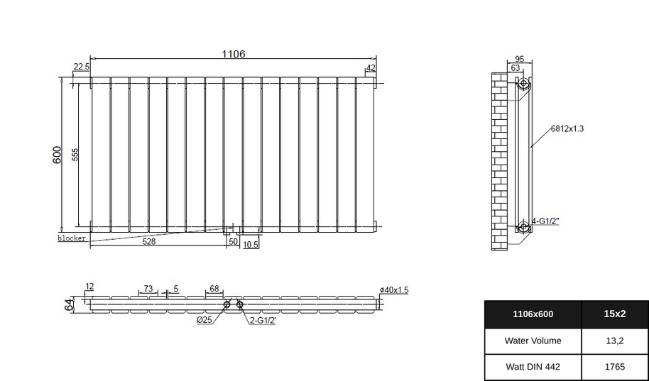 Everest 600x1106 mm Horizontal Doppellagig Flach  Weiß Paneelheizkörper