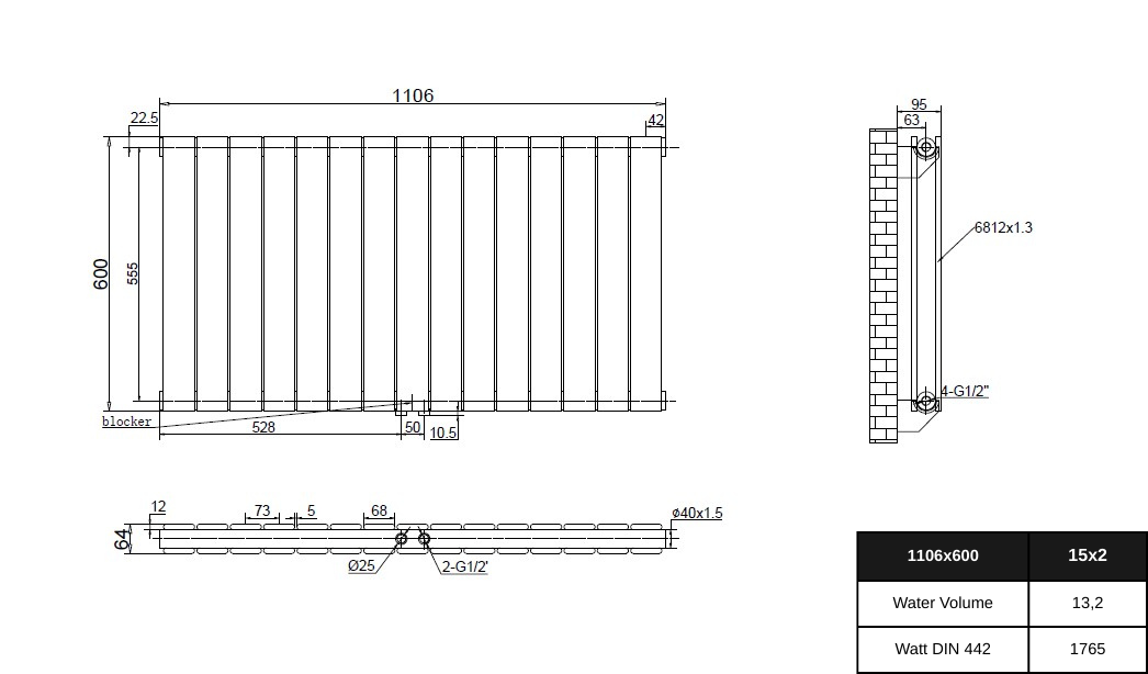 Everest 600x1106 mm Horizontal Doppellagig Flach  Weiß Paneelheizkörper