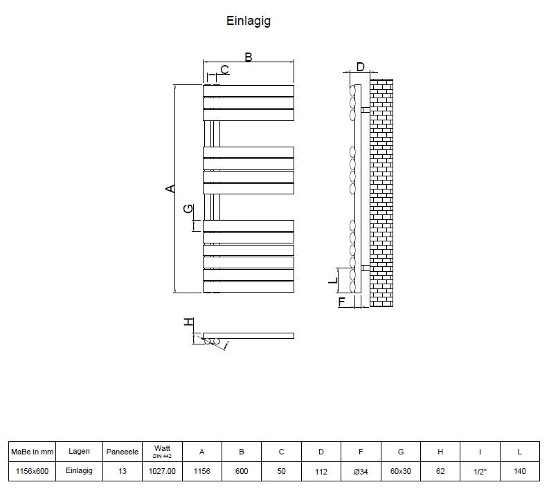 Eldor 1156x600 mm Vertikal Einlagig Ellipse  Anthrazit Paneelheizkörper