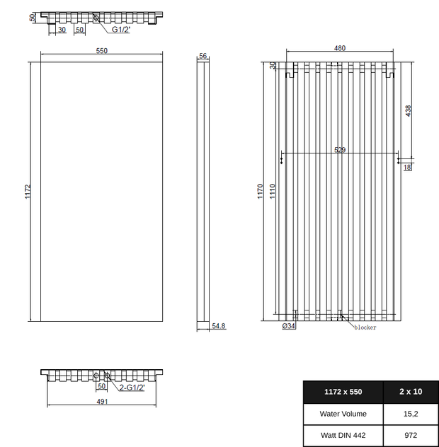 Slim 1172x550 mm Vertikal Einlagig Flach Aluminium Weiß Paneelheizkörper