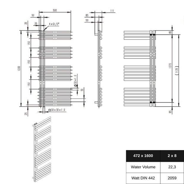 Luxora 1200x500 mm Vertikal Einlagig Ellipse Edelstahl Chrom Paneelheizkörper