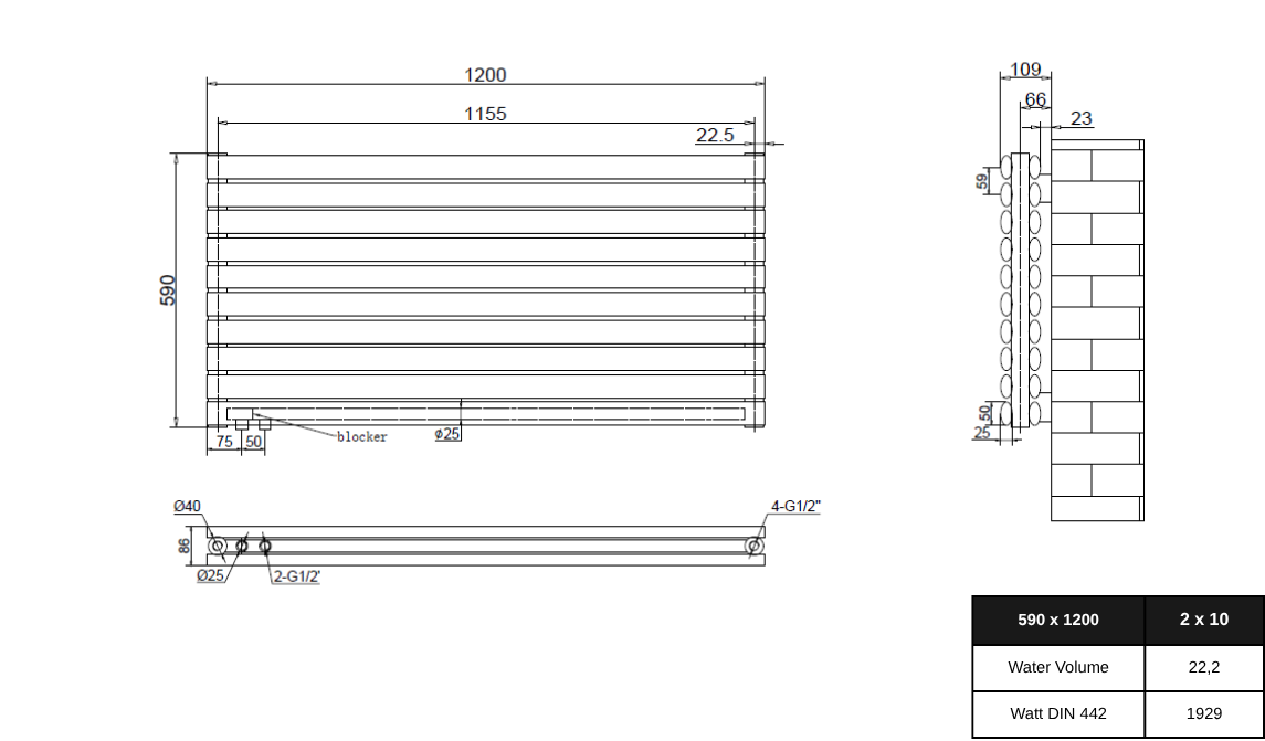 Vormico 1200x590 mm Horizontal Doppellagig Ellipse  Schwarz Paneelheizkörper