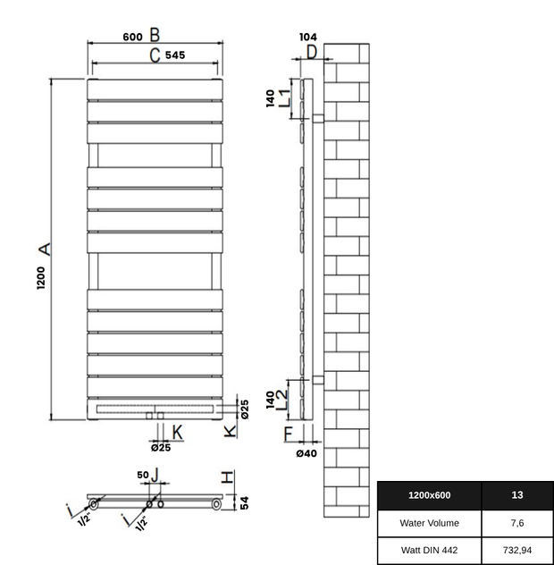 Equa 1200x600 mm Vertikal Einlagig Flach Stahl Anthrazit Paneelheizkörper