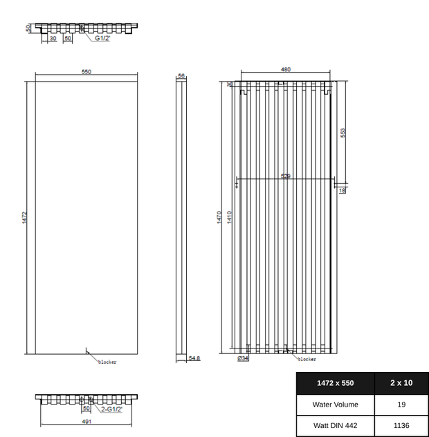 Stylo 1472x500 mm Vertikal Einlagig Flach Stahl Weiß Paneelheizkörper