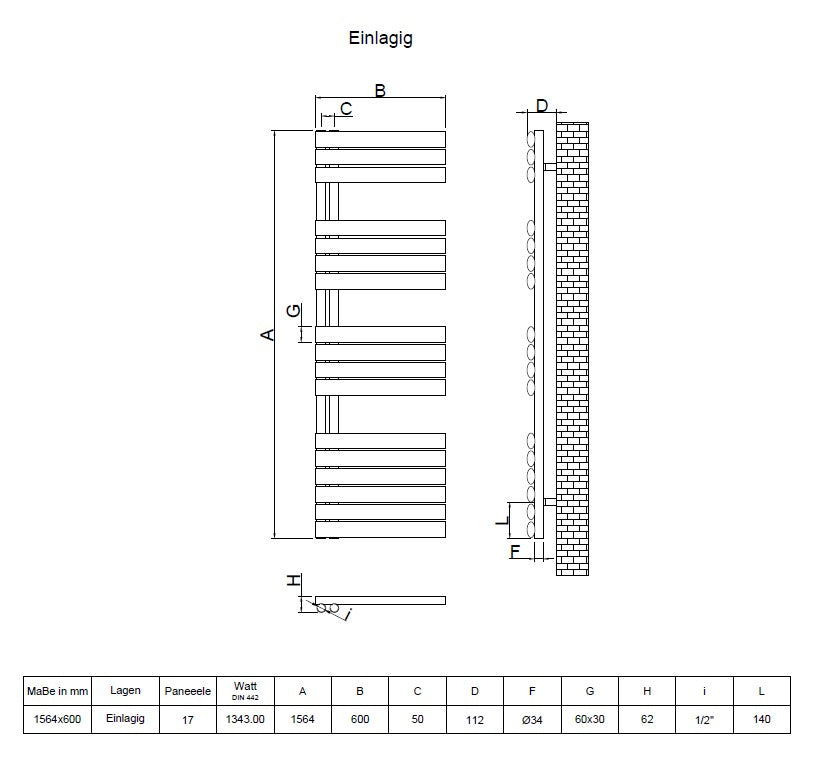 Eldor 1564x600 mm Vertikal Einlagig Ellipse  Anthrazit Paneelheizkörper