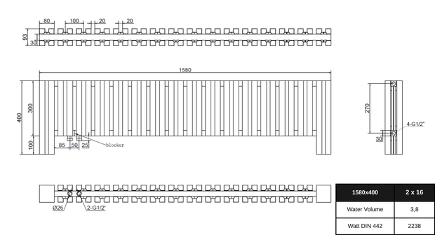 Cubix 400x1580 mm Horizontal Einlagig Flach Aluminium Anthrazit Paneelheizkörper
