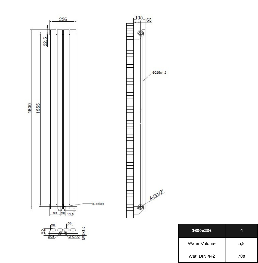Solaria 1600x236 mm Vertikal Einlagig Ellipse Weiß Paneelheizkörper