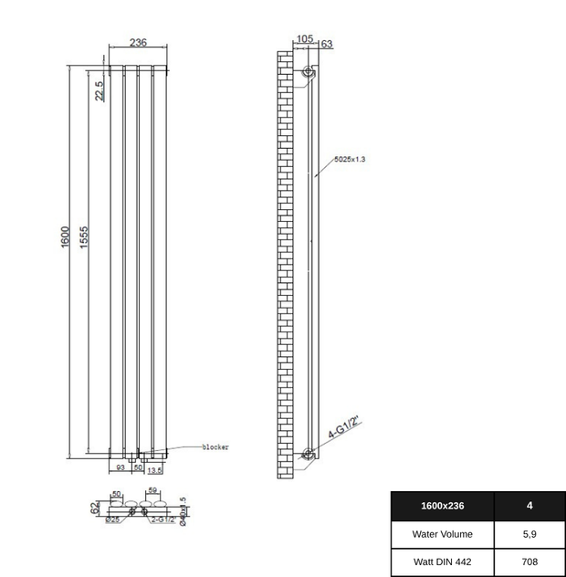 Solaria 1600x236 mm Vertikal Einlagig Ellipse Weiß Paneelheizkörper