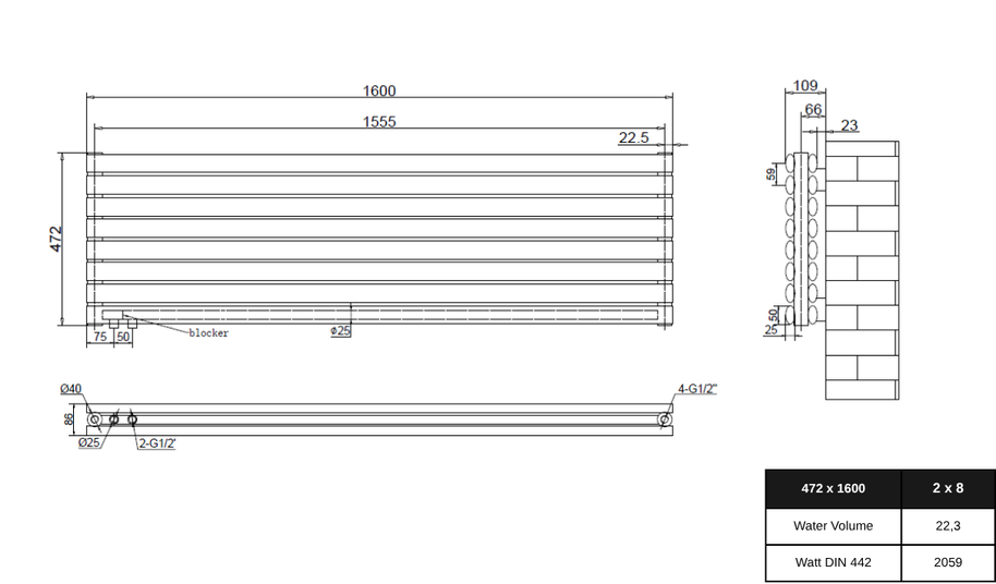 Vormico 472x1600 mm Horizontal Doppellagig Ellipse  Weiß Paneelheizkörper
