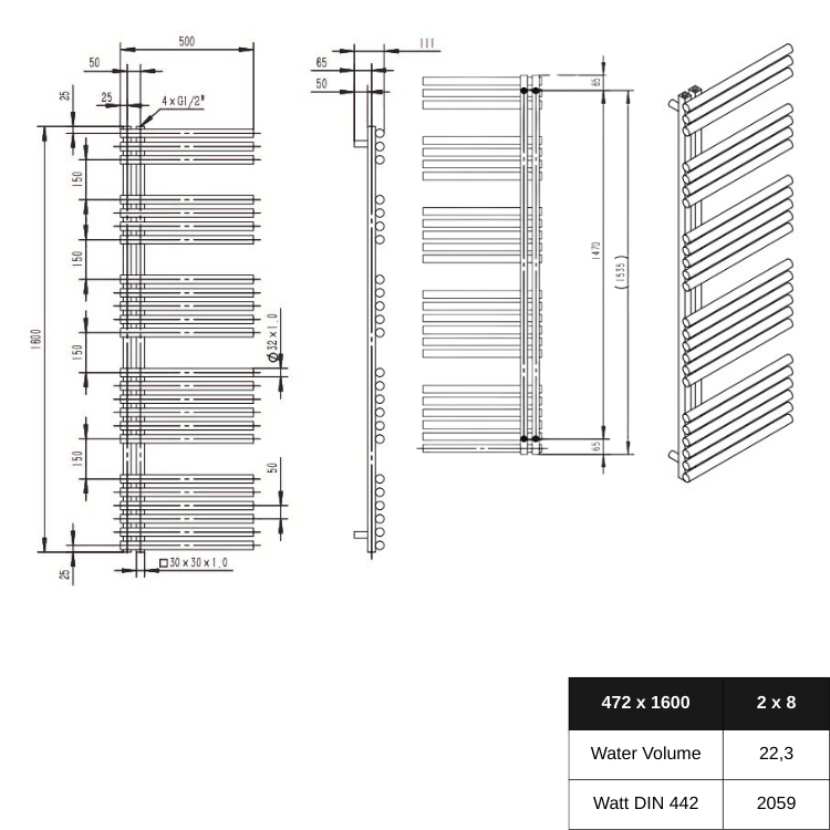 Luxora 1600x500 mm Vertikal Einlagig Ellipse Edelstahl Chrom Paneelheizkörper