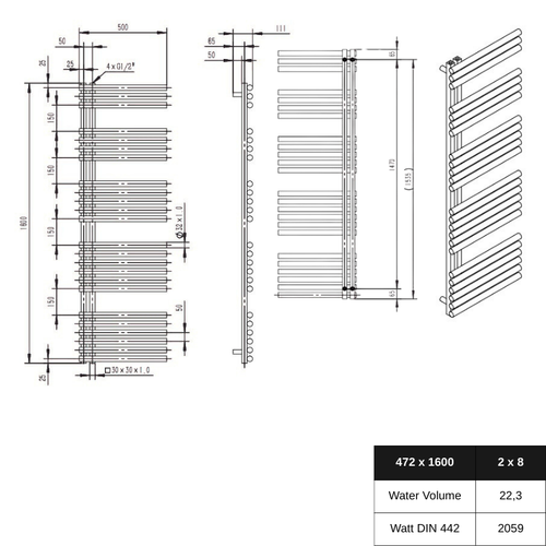 Luxora 1600x500 mm Vertikal Einlagig Ellipse Edelstahl Chrom Paneelheizkörper - Görsel 1