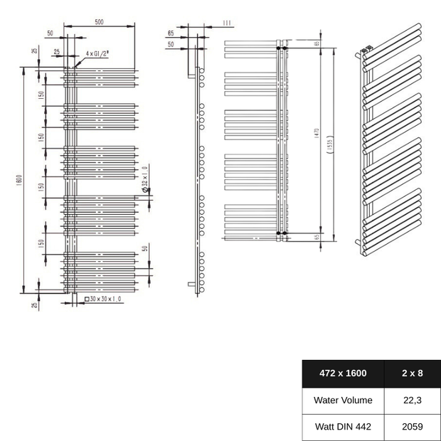 Luxora 1600x500 mm Vertikal Einlagig Ellipse Edelstahl Chrom Paneelheizkörper