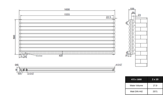 Vormico 1600x590 mm Horizontal Doppellagig Ellipse Schwarz Paneelheizkörper