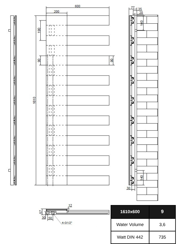 Elano 1610x600 mm Vertikal Einlagig Flach Anthrazit Paneelheizkörper