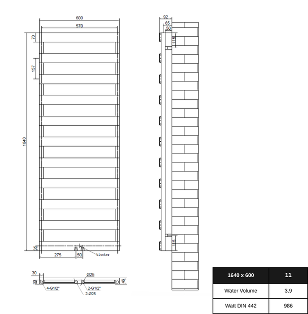 Estiva 1640x600 mm Vertikal Einlagig Flach Aluminium Anthrazit Paneelheizkörper