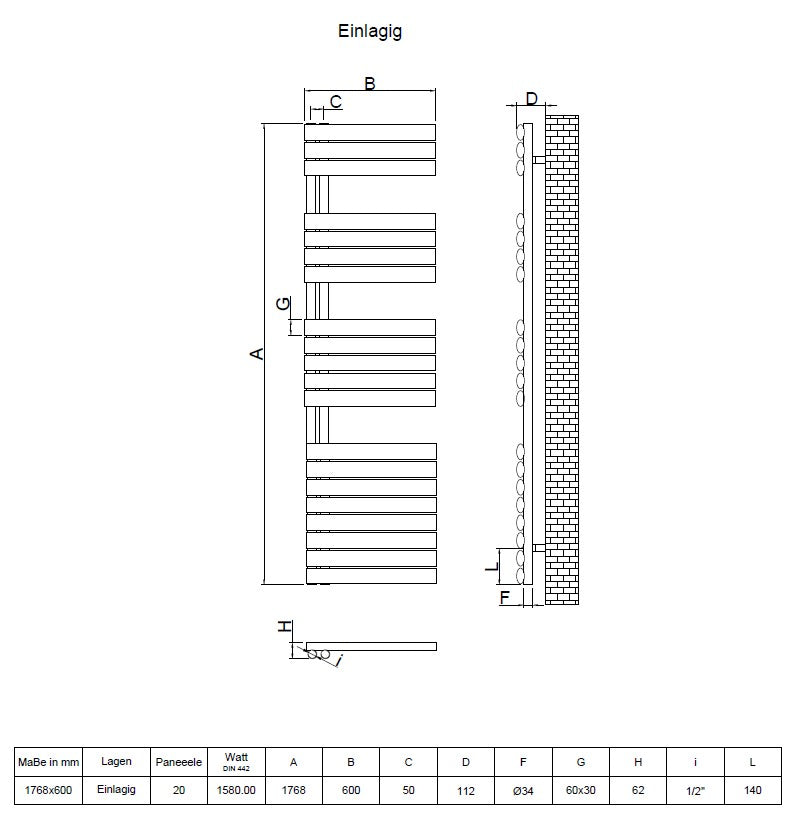 Eldor 1768x600 mm Vertikal Einlagig Ellipse Anthrazit Paneelheizkörper