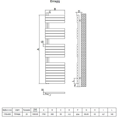 Eldor 1768x600 mm Vertikal Einlagig Ellipse Weiß Paneelheizkörper - Görsel 3