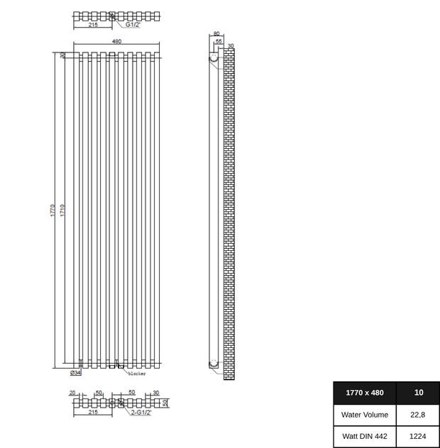 Line 1770x480 mm Vertikal Einlagig Flach Aluminium Weiß Paneelheizkörper