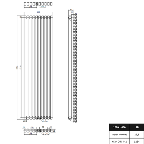 Line 1770x480 mm Vertikal Einlagig Flach Aluminium Anthrazit Paneelheizkörper - Görsel 1