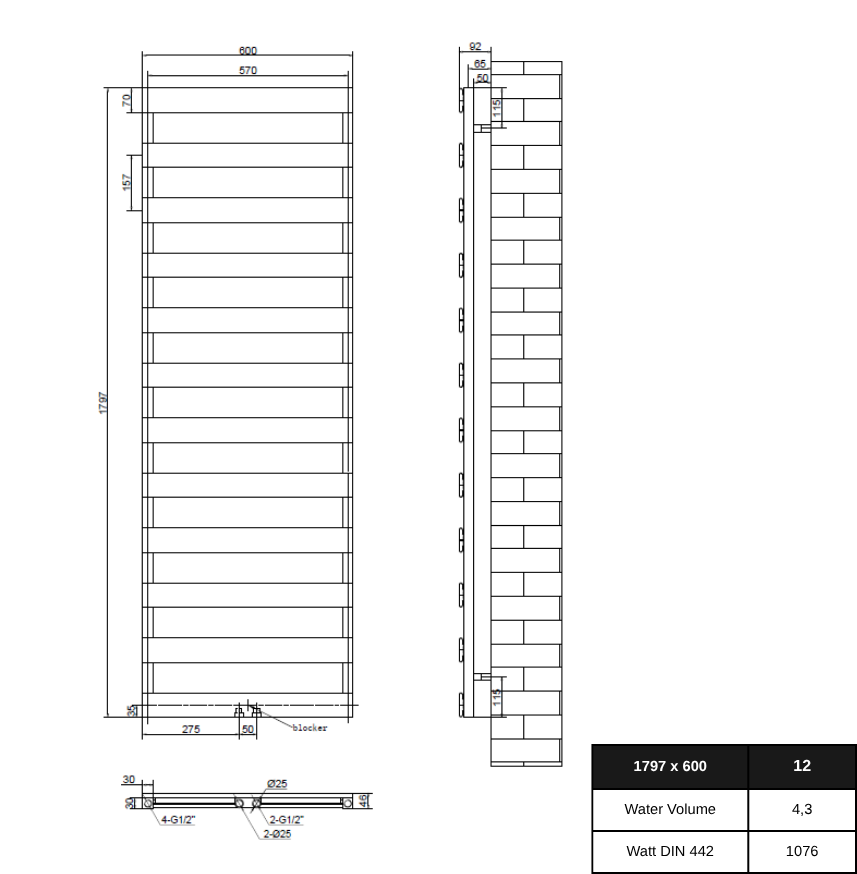Estiva 1797x600 mm Vertikal Einlagig Flach Aluminium Anthrazit Paneelheizkörper