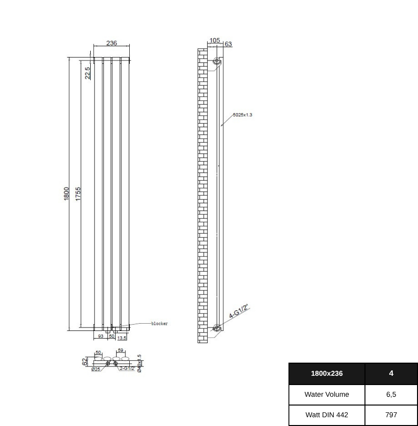 Solaria 1800x236 mm Vertikal Einlagig Ellipse  Anthrazit Paneelheizkörper
