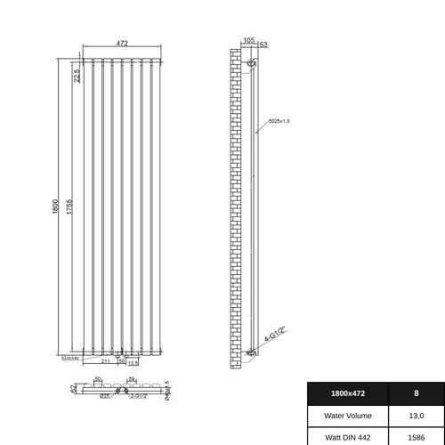 Solaria 1800x472 mm Vertikal Einlagig Ellipse Weiß Paneelheizkörper - Görsel 2
