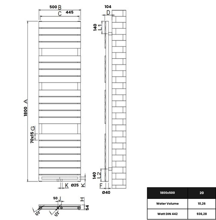 Equa 1800x500 mm Vertikal Einlagig Flach Stahl Weiß Paneelheizkörper