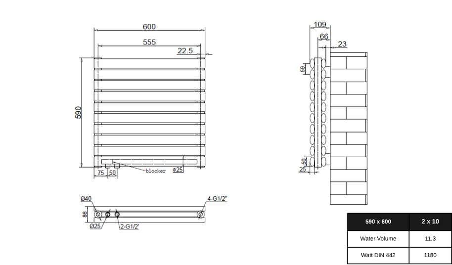 Vormico 600x590 mm Horizontal Doppellagig Ellipse  Schwarz Paneelheizkörper