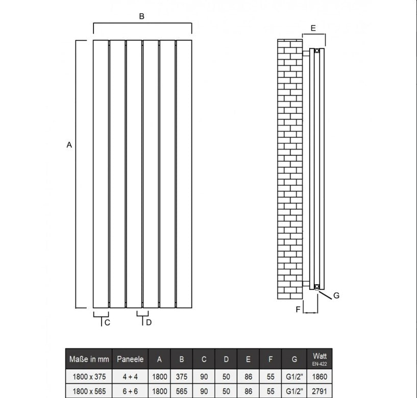 Claudio 1800x375 mm Vertikal Doppellagig Flach Aluminium Anthrazit Paneelheizkörper