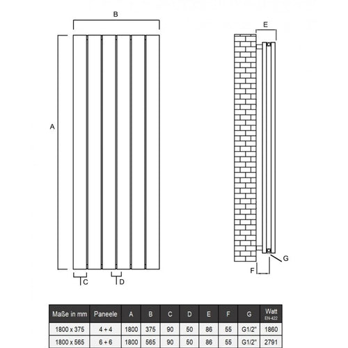 Claudio 1800x375 mm Vertikal Doppellagig Flach Aluminium Anthrazit Paneelheizkörper - Görsel 3