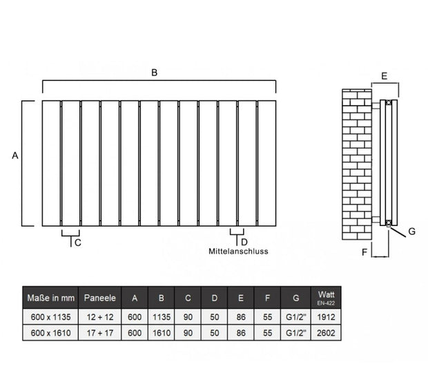 Claudio 600x1135 mm Horizontal Doppellagig Flach Aluminium Anthrazit Paneelheizkörper