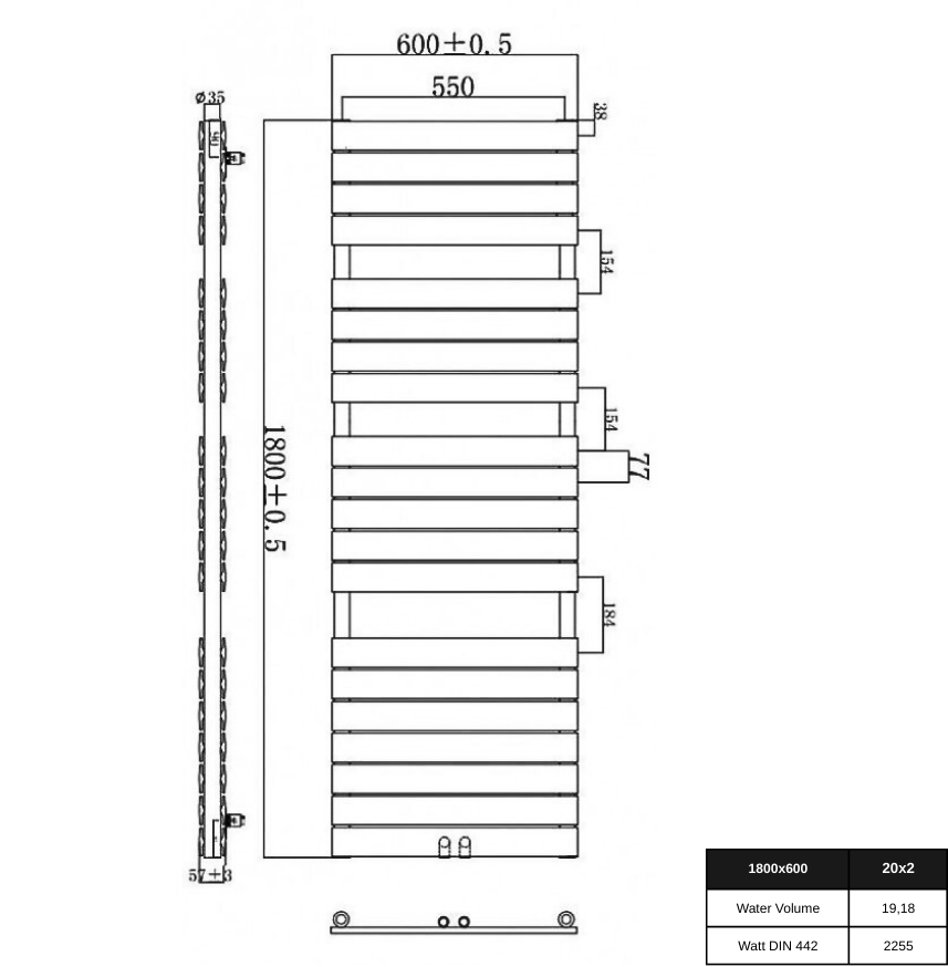 Equa Duble 1800x600 mm Vertikal Doppellagig Flach Stahl Weiß Paneelheizkörper
