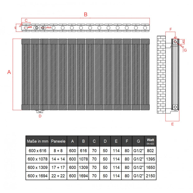 Alhon 600x1078 mm Horizontal Doppellagig Flach Aluminium Anthrazit Paneelheizkörper