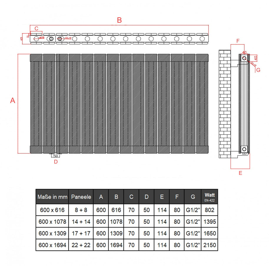 Alhon 600x1694 mm Horizontal Doppellagig Flach Aluminium Anthrazit Paneelheizkörper