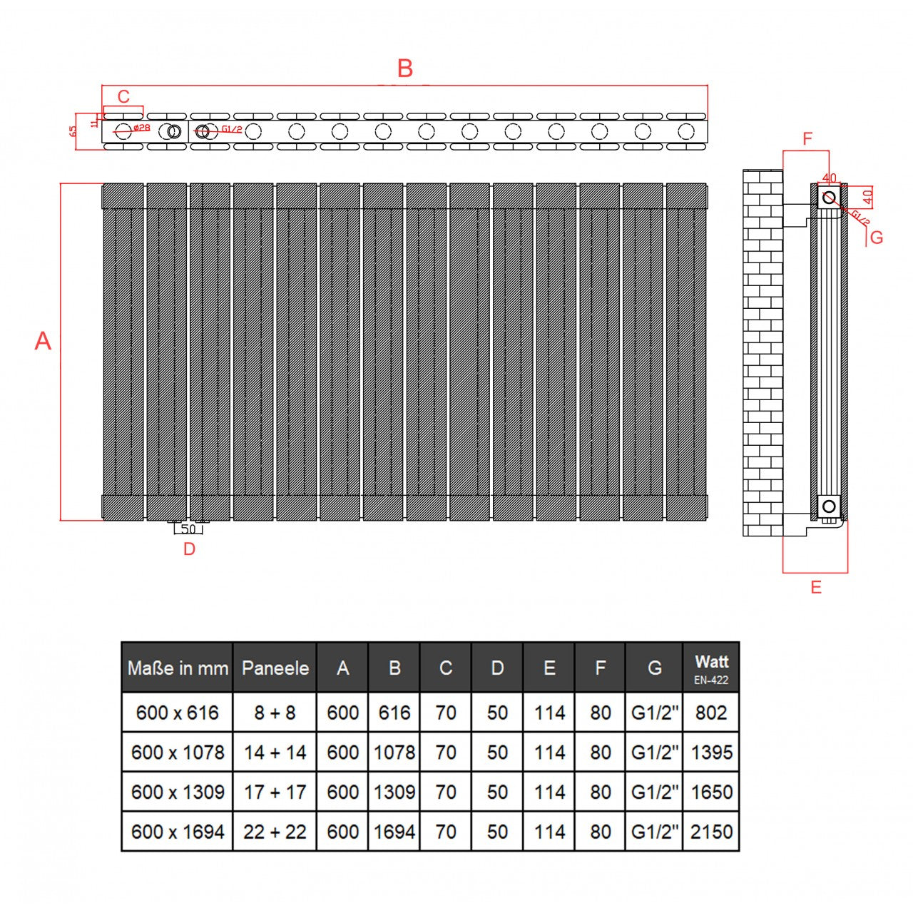 Alhon 600x1694 mm Horizontal Doppellagig Flach Aluminium Anthrazit Paneelheizkörper