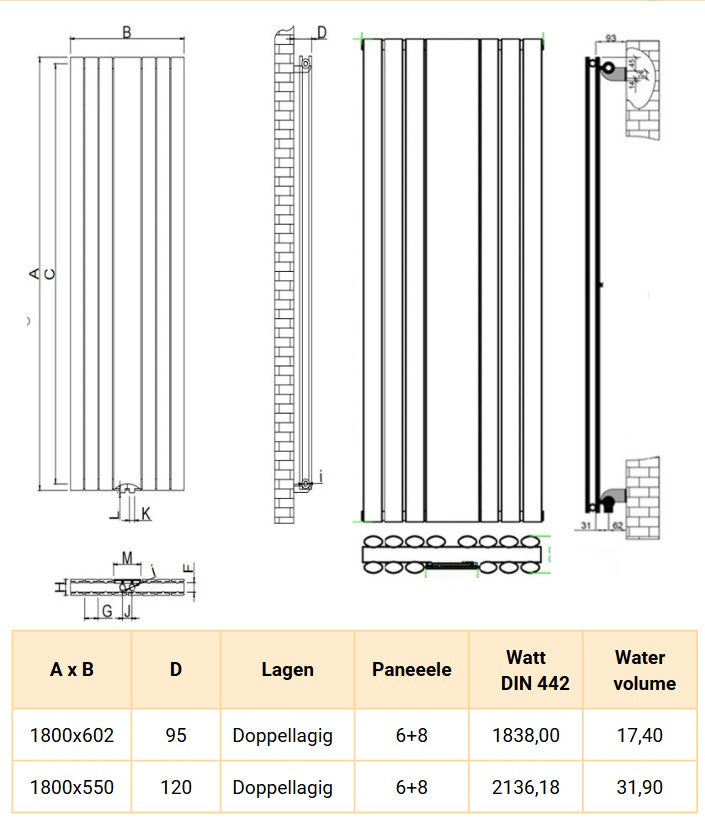 Viola 1800x550 mm Vertikal Doppellagig Ellipse Anthrazit Paneelheizkörper
