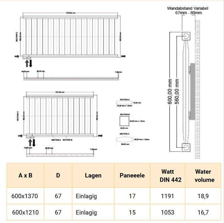 Radfin 600x1370 mm Horizontal Einlagig Flach Paneelheizkörper Weiß