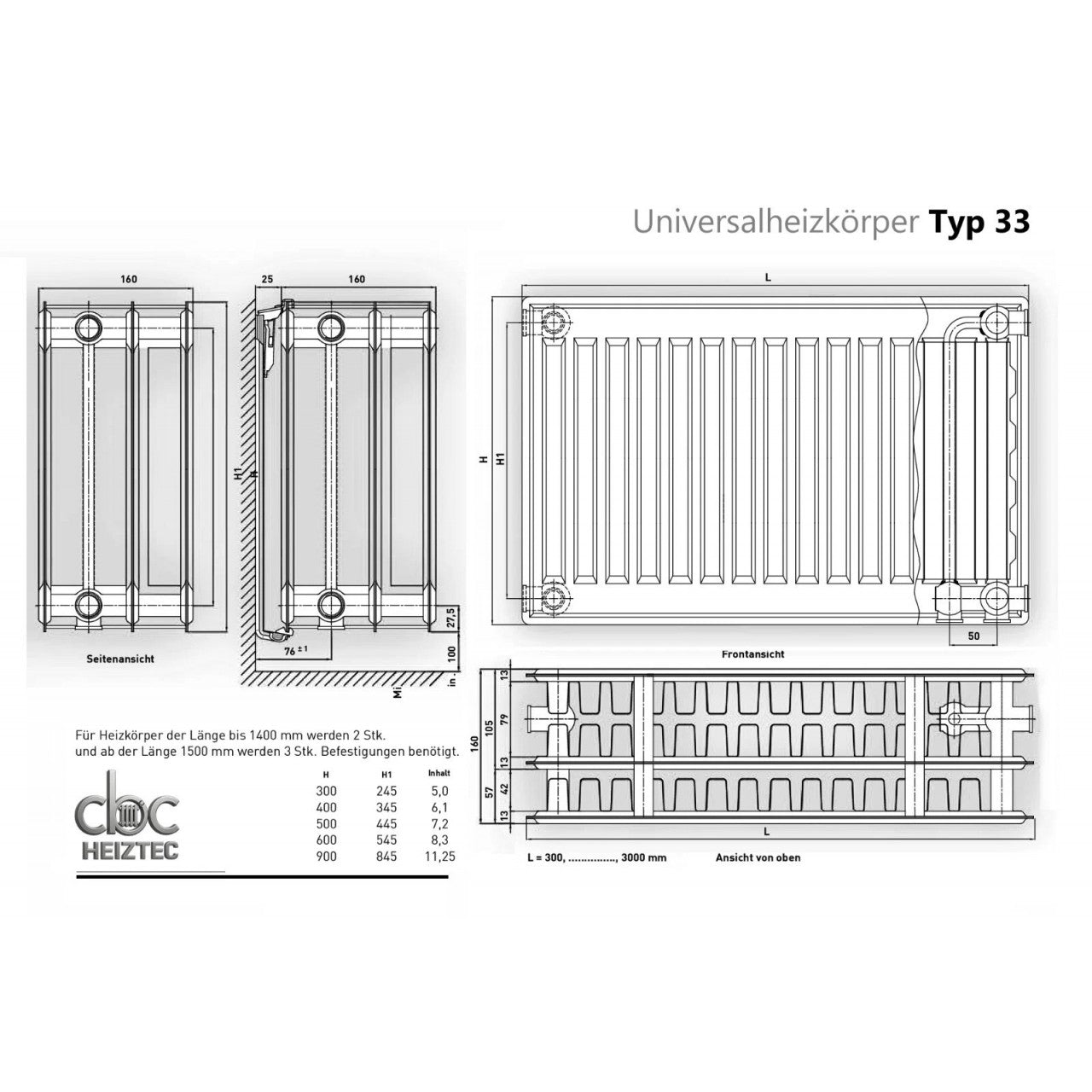 Universalheizkörper Paneelheizkörper Typ33 Kompakt Ventilheizkörper 6 Anschlüsse + Zubehör