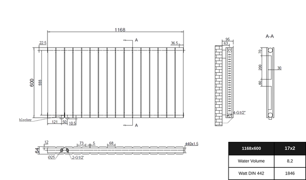 Wonder 1168x600 mm Horizontal Doppellagig Flach Weiß Paneelheizkörper