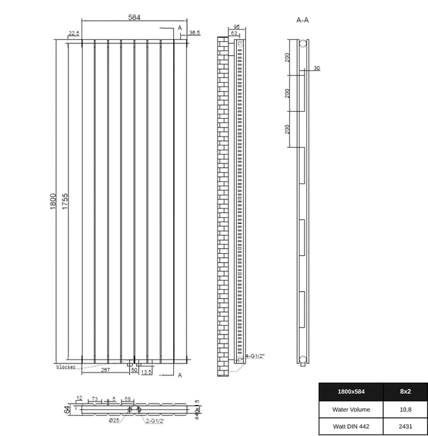 Wonder 1800x584 mm Vertikal Doppellagig Flach  Weiß Paneelheizkörper